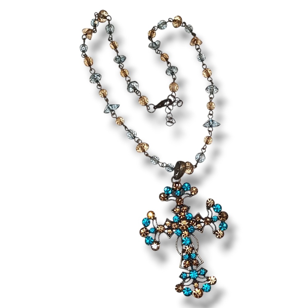 Vintage 90s Blue Amber Rhinestone Cross Pendant Necklace Beaded Chain Gothic - Picture 4 of 4